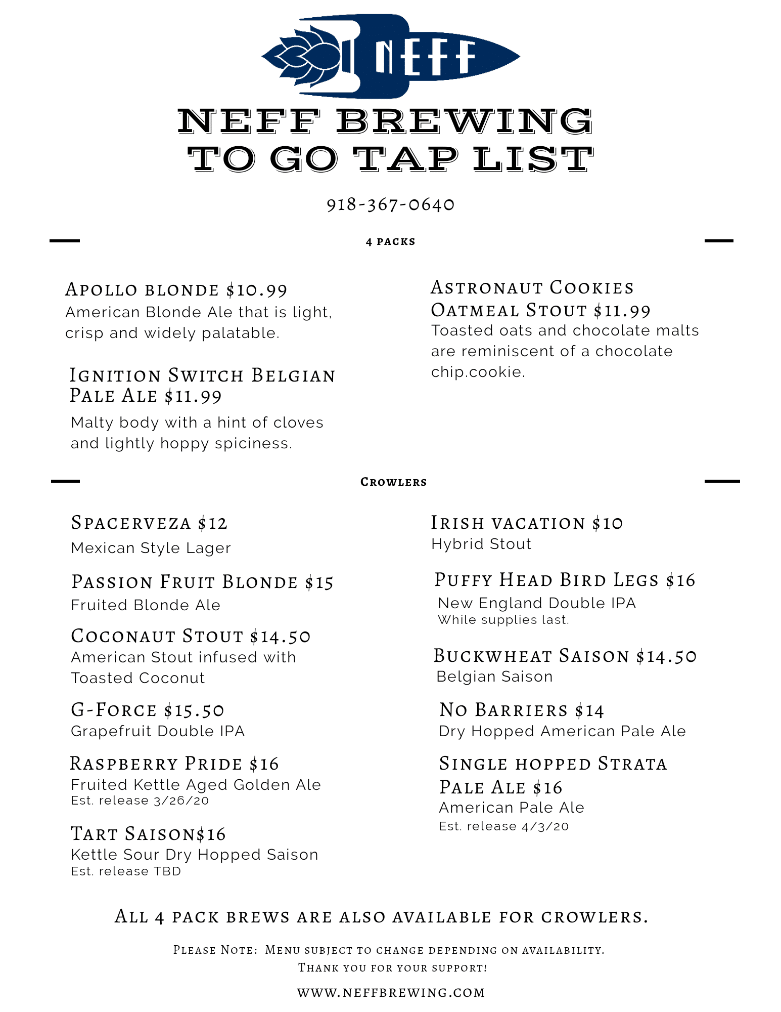 We have updated our TO GO menus to include a few more fun food & brew ...