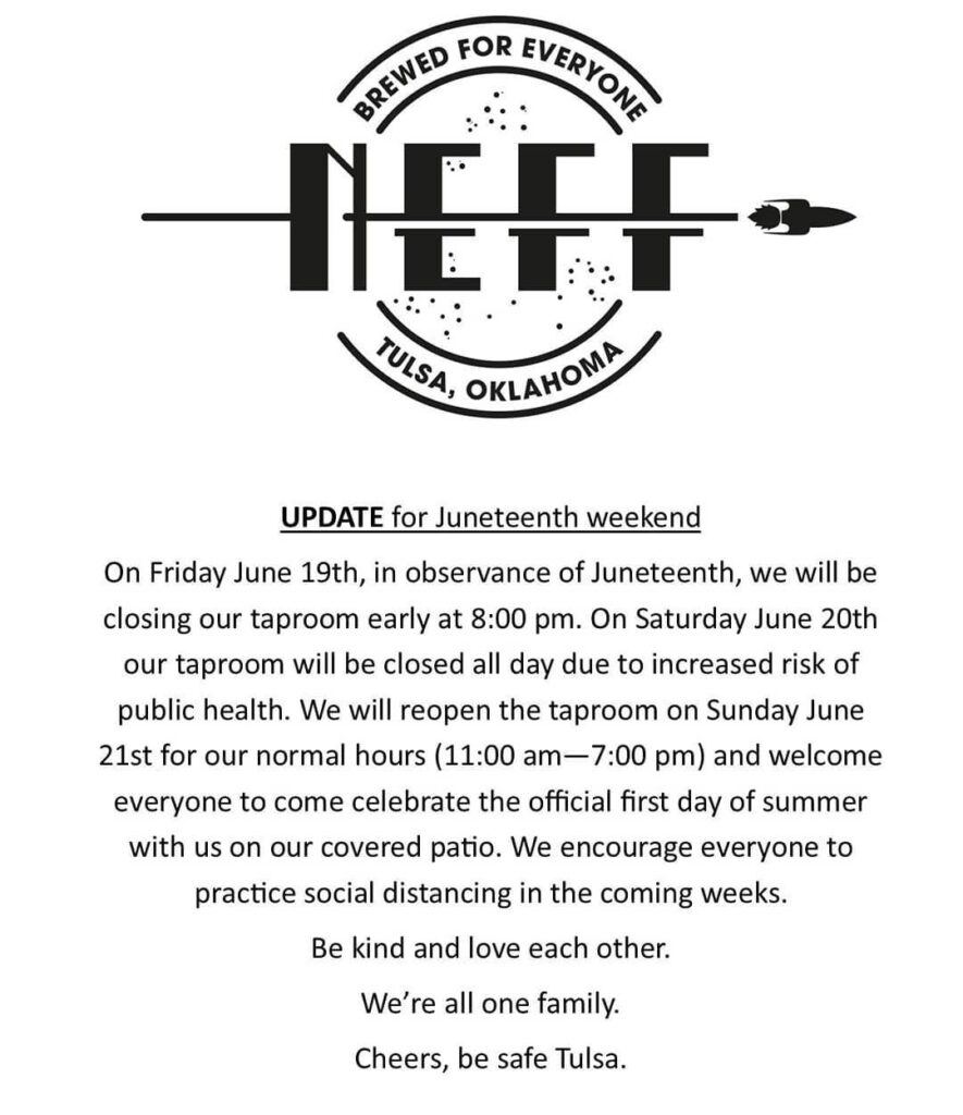 Due to the big events in Tulsa this weekend, NEFF Brewing will be altering our hours…